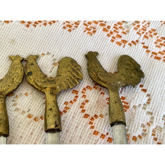 Vintage 1970s 4 PC. Brass Stainless Steel Kebob Skewers Chicken Rooster Tops - Picture 5 of 9